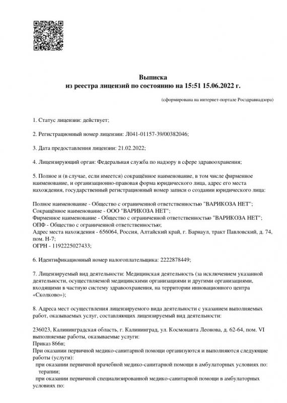 Выписка  из реестра лицензий по состоянию на 15:51 15.06.2022 г. (стр. 1)
